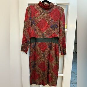 Vintage R.E.O 70’s Red Bolero Paisley Midi Dress w/ Green Suede Waist Size 16
